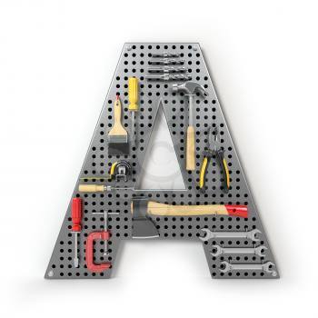 Letter A. Alphabet from the tools on the metal pegboard isolated on white. 3d illustration