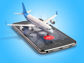 Airplane on the mobile phone. Internet online searching and buying airplane boarding pass tickets by smartphone. 3d illustration
