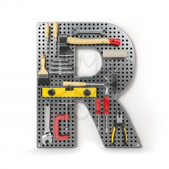 Letter R. Alphabet from the tools on the metal pegboard isolated on white.  3d illustration