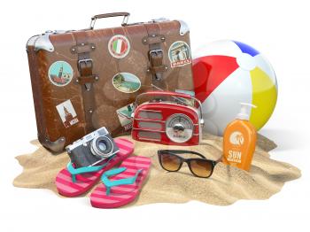 Beach accessories for relaxing. Sunscreen bottle, flip flops, sunglasses, radio camera and ball on the sand. 3d illustration