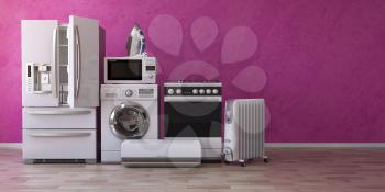 Set of household home appliancess on pink background. Kitchen technics in the new appartments. E-commerce online internet store and delivering of appliances concept. 3d illustration