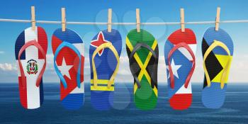 Hanging flip flops in colors of flags of different carribean countries Aruba, Bahamas, Cuba, Dominicana, Jamaica, Puerto-Rico. Travel and tourism concept. 3d illustration