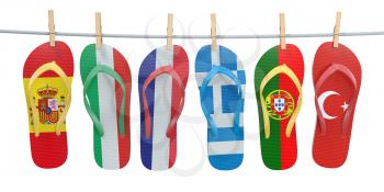 Hanging flip flops in colors of  different mediterranean european countries Spain, Italy, France, Portugal, Greece and Turkey. Travel and tourism concept. 3d illustration