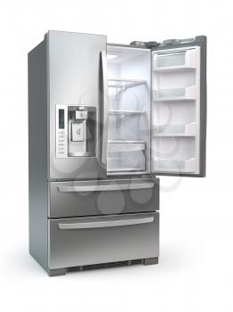 Open fridge freezer. Side by side stainless steel refrigerator  isolated on white background. 3d illustration