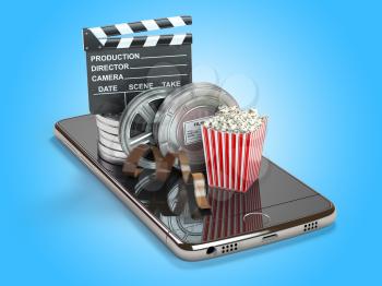 Mobile phone application for creating, seeing end editing video files and buying cinema tickets online. Smartphone with film reels, pop corn and clapperboard. 3d illustration