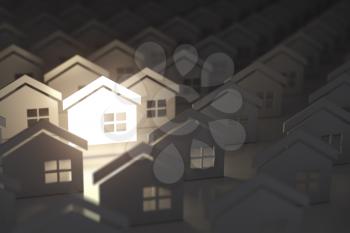 Unique lighting house sign in group of  houses. Real estate property industry concept background. 3d illustration