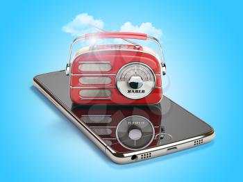 Smartphone with red vintage radio. Mobile AM FM radio live streaming media concept. 3d illustration