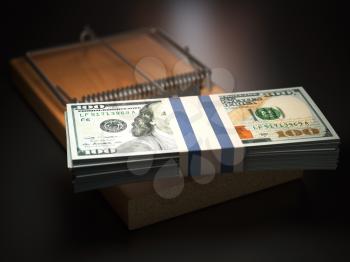 Mousetrap with dollar bills on black background.  Risk in business concept. 3d illustration