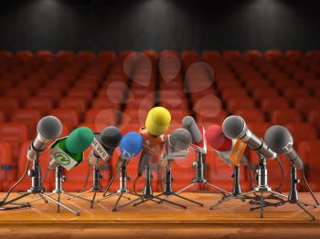 Press conference or interview event concept. Microphones  of different mass media, radio, tv in conference hall with red seating for spectators. 3d illustration