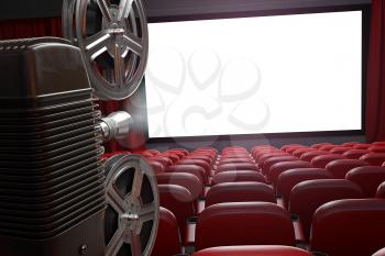 Movie projector and blank cinema screen with empty seats. Cinema, movie or home video concept background. 3d illustration