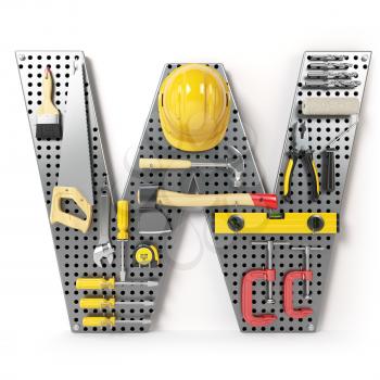 Letter W. Alphabet from the tools on the metal pegboard isolated on white.  3d illustration