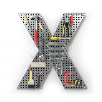 Letter X. Alphabet from the tools on the metal pegboard isolated on white.  3d illustration