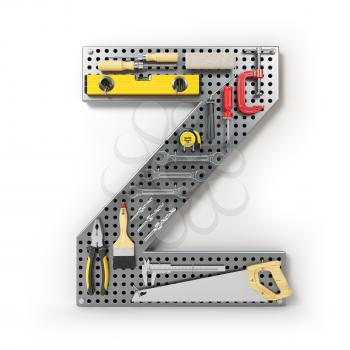 Letter Z. Alphabet from the tools on the metal pegboard isolated on white.  3d illustration