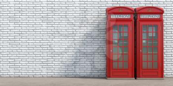 Red phone booth on brick wall background. London, british and english symbol. 3d illustration