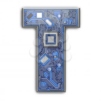 Letter T.  Alphabet in circuit board style. Digital hi-tech letter isolated on white. 3d illustration