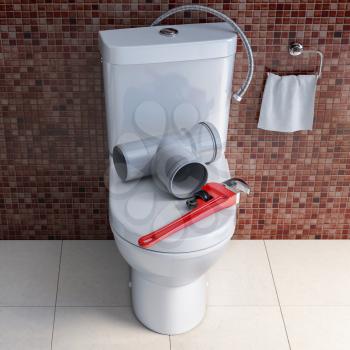 Plumber tools and pvc plastic tubes  on the bowl in bathroom. Plumbing repair service. 3d illustration