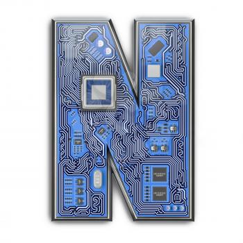 Letter N.  Alphabet in circuit board style. Digital hi-tech letter isolated on white. 3d illustration