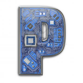 Letter P.  Alphabet in circuit board style. Digital hi-tech letter isolated on white. 3d illustration
