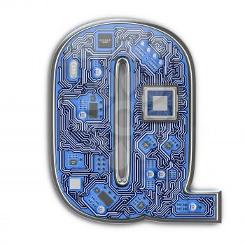 Letter Q.  Alphabet in circuit board style. Digital hi-tech letter isolated on white. 3d illustration