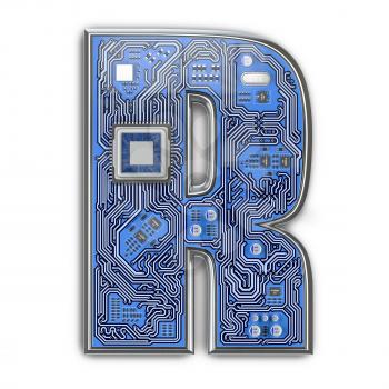 Letter R.  Alphabet in circuit board style. Digital hi-tech letter isolated on white. 3d illustration