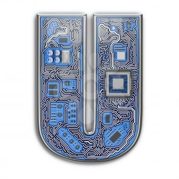 Letter U.  Alphabet in circuit board style. Digital hi-tech letter isolated on white. 3d illustration