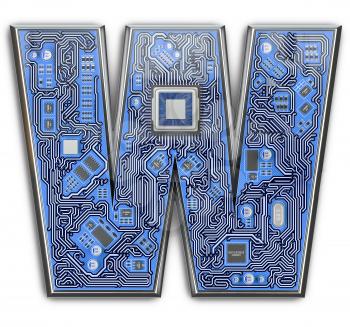 Letter W.  Alphabet in circuit board style. Digital hi-tech letter isolated on white. 3d illustration