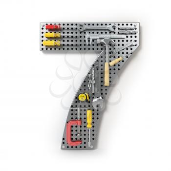 Number 7 seven. Alphabet from the tools on the metal pegboard isolated on white.  3d illustration