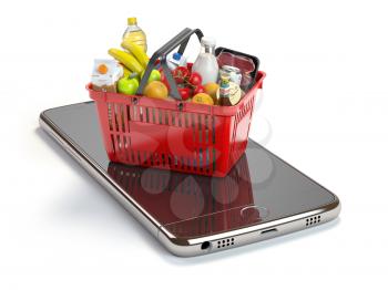 Smartphone and shopping basket with  food and drink. Online grocery supermarket concept. 3d illustration