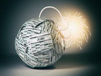 Searching new job concept. Bomb from newspapers  with job vacations  and  wick and sparks. 3d illustration