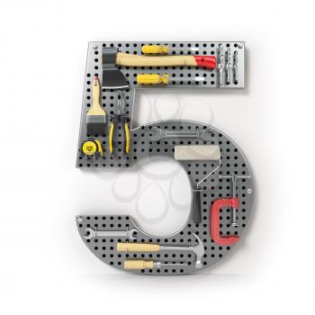 Number 5 five. Alphabet from the tools on the metal pegboard isolated on white.  3d illustration