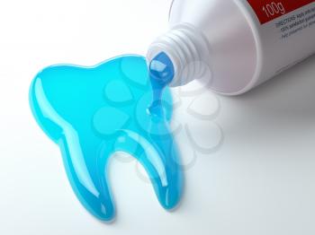 Toothpaste in the shape of tooth coming out from toothpaste tube. Brushing teeth dental concept. 3d illustration