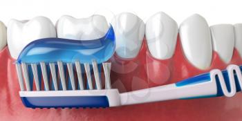 Human teeth and toothbrush with toothpaste. Oral hygiene concept. 3d illustration