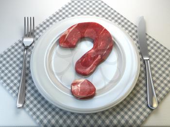 Plate with raw meat in the shape of a question mark. Concept of diet and healthy nutrition or to eat a meat or  to be vegetarian concept. 3d illustration