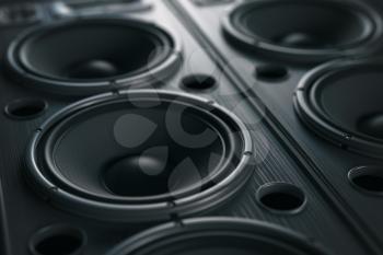 Multimedia  acoustic sound speaker system. Music close up black background. 3d illustration