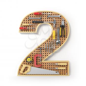Number 2 two. Alphabet from the tools on the metal pegboard isolated on white.  3d illustration