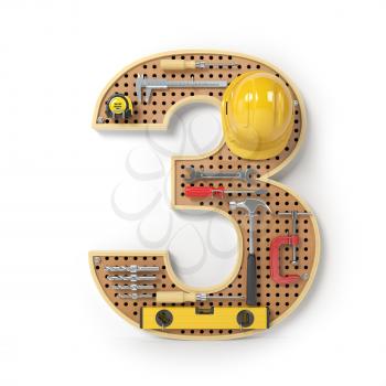 Number 3 three. Alphabet from the tools on the metal pegboard isolated on white.  3d illustration
