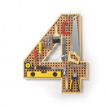 Number 4 four. Alphabet from the tools on the metal pegboard isolated on white.  3d illustration