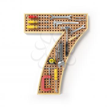 Number 7 seven Alphabet from the tools on the metal pegboard isolated on white.  3d illustration