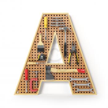Letter A. Alphabet from the tools on the metal pegboard isolated on white.  3d illustration