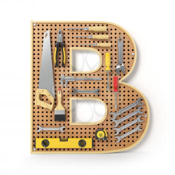 Letter B. Alphabet from the tools on the metal pegboard isolated on white.  3d illustration
