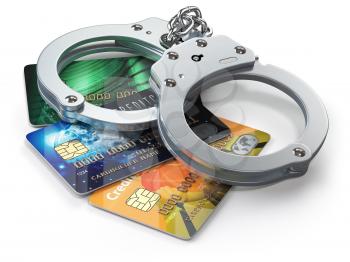 Credit card with handcuffs isolated on white background.  Banking financial crime  and accounting fraud concept. 3d illustration