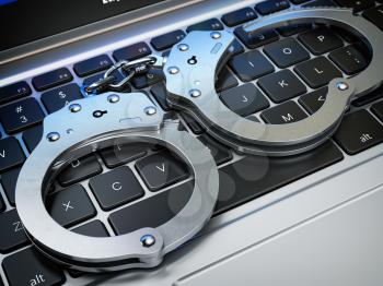 Handcuffs on the laptop keyboard. Internet cyber crime, hacking and online piracy concept. 3d illustration
