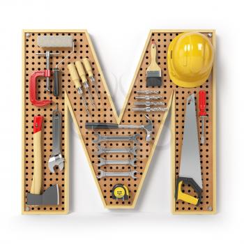 Letter M. Alphabet from the tools on the metal pegboard isolated on white.  3d illustration