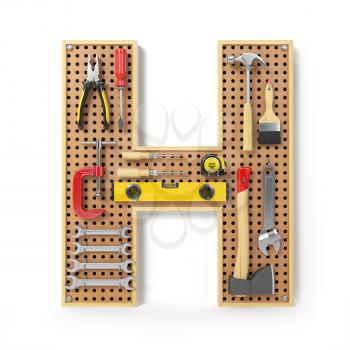 Letter H. Alphabet from the tools on the metal pegboard isolated on white.  3d illustration
