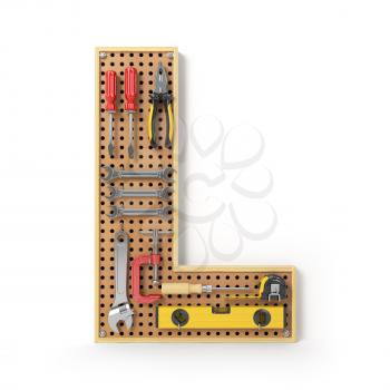 Letter L. Alphabet from the tools on the metal pegboard isolated on white.  3d illustration