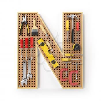 Letter N. Alphabet from the tools on the metal pegboard isolated on white.  3d illustration