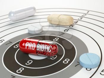 Pills on target and probiotic in the center.  Scientific research or best prescription medication concept. 3d illustration