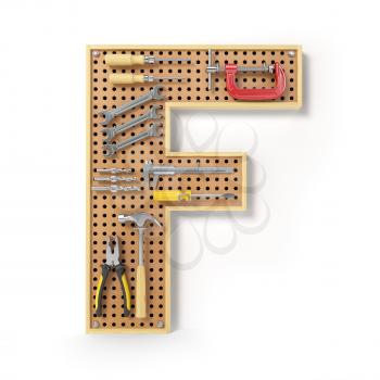 Letter F. Alphabet from the tools on the metal pegboard isolated on white.  3d illustration