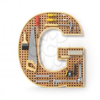 Letter G. Alphabet from the tools on the metal pegboard isolated on white.  3d illustration
