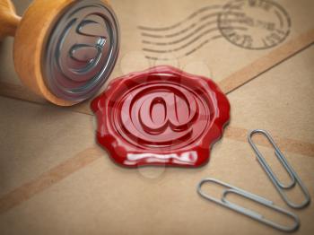 E-mail sign sealing wax stamp.  Internet communication concept. 3d illustration
